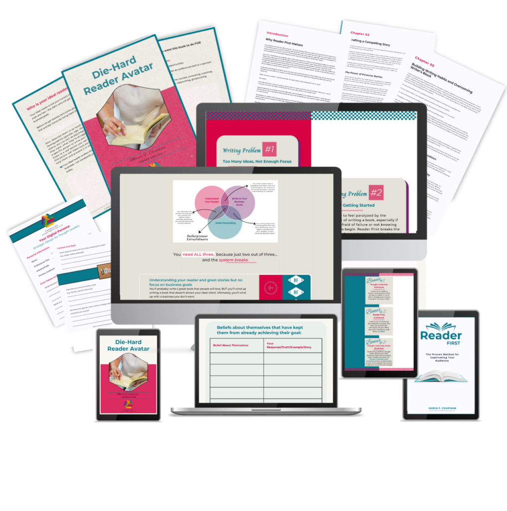 a mock up of a collection of digital products including workbooks, ebooks,. and pdfs called the Book Writing Starter Kit